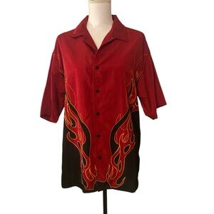 Vintage Y2K No Boundaries medium Flames Button Down Shirt streetwear bowling